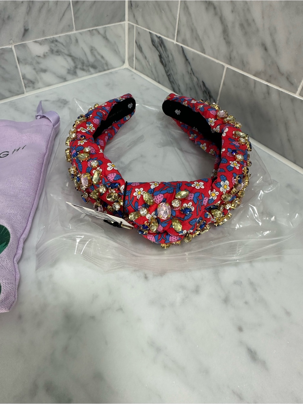 Lele Sadoughi Red Floral Jeweled Padded Headband